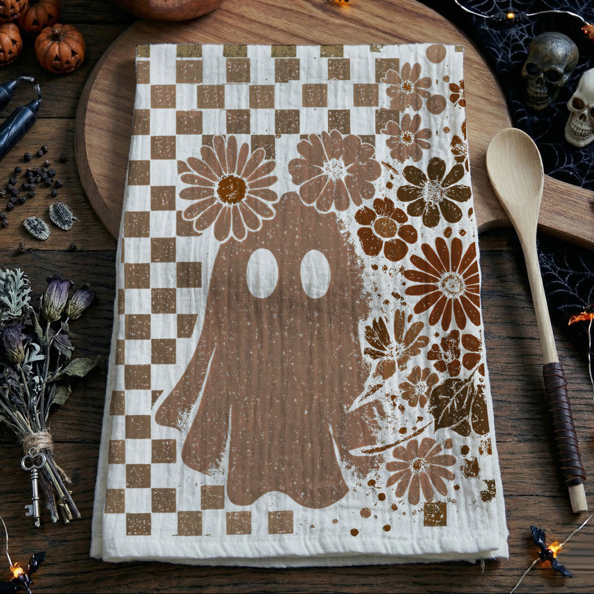 Retro Floral Ghost & Skull Halloween Kitchen Towel
