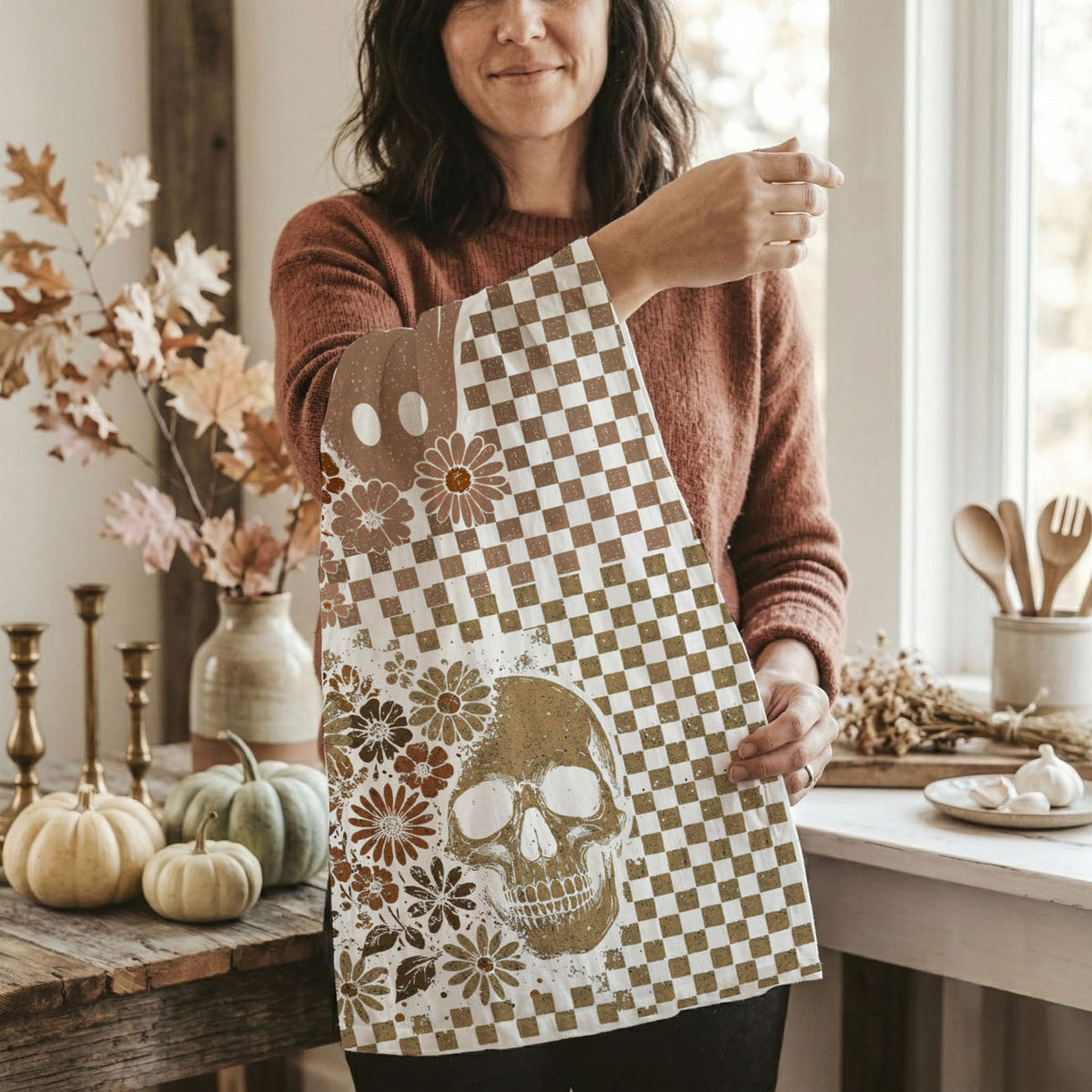 Retro Floral Ghost & Skull Halloween Kitchen Towel