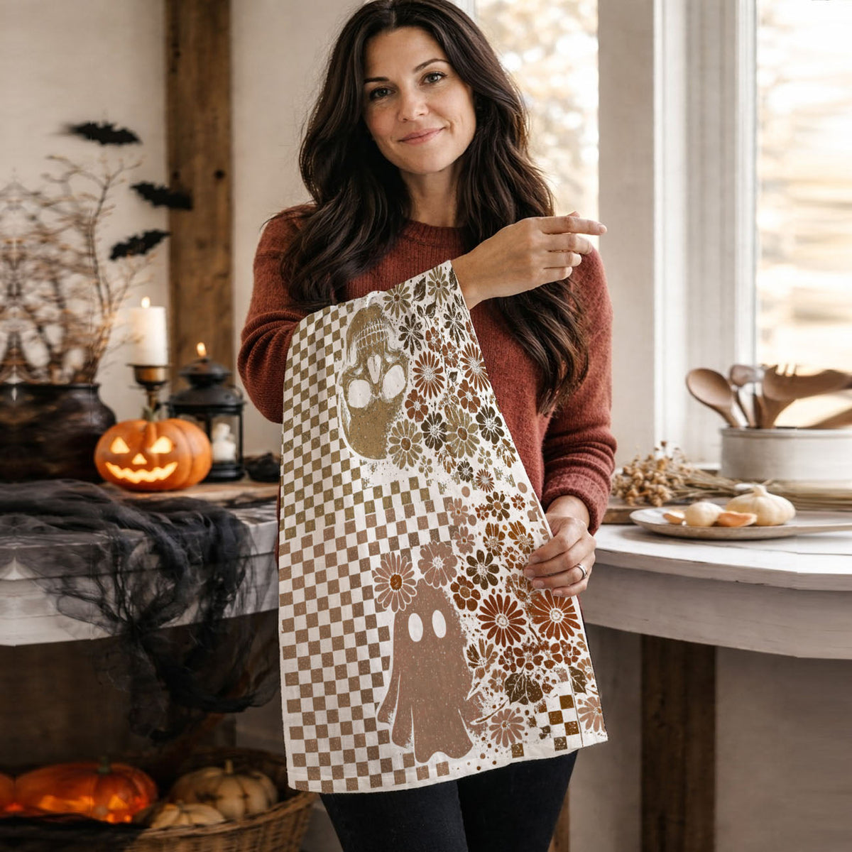 Retro Floral Ghost & Skull Halloween Kitchen Towel