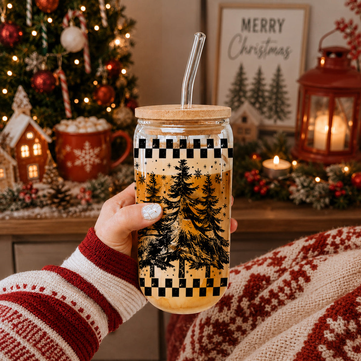 Retro Christmas Tree 17 oz Glass Tumbler