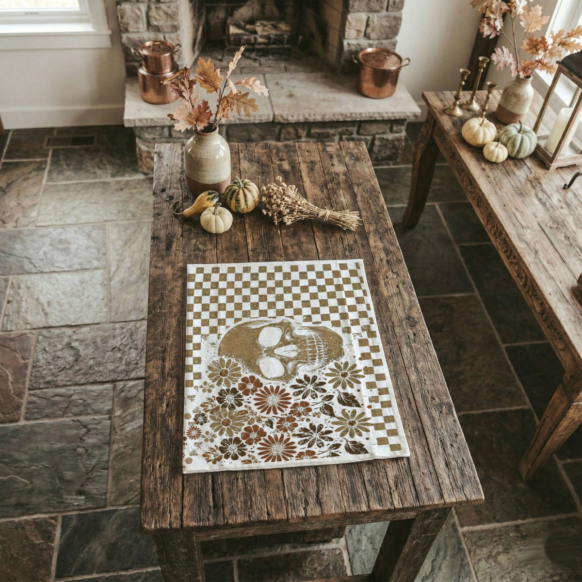 Retro Floral Ghost & Skull Halloween Kitchen Towel