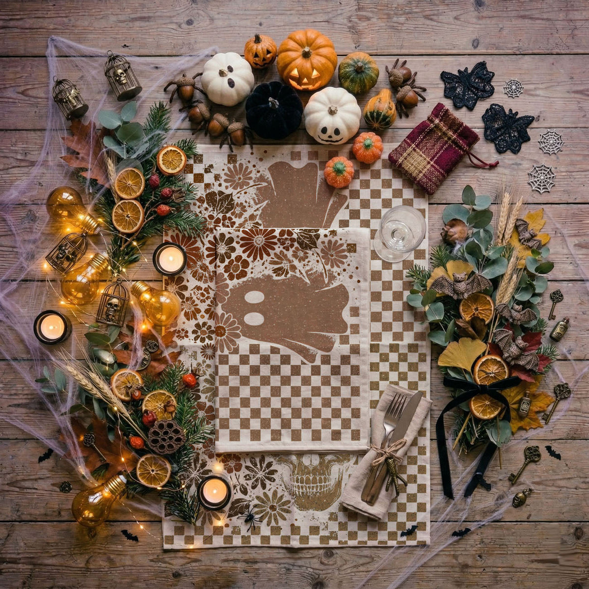 Retro Floral Ghost & Skull Halloween Kitchen Towel