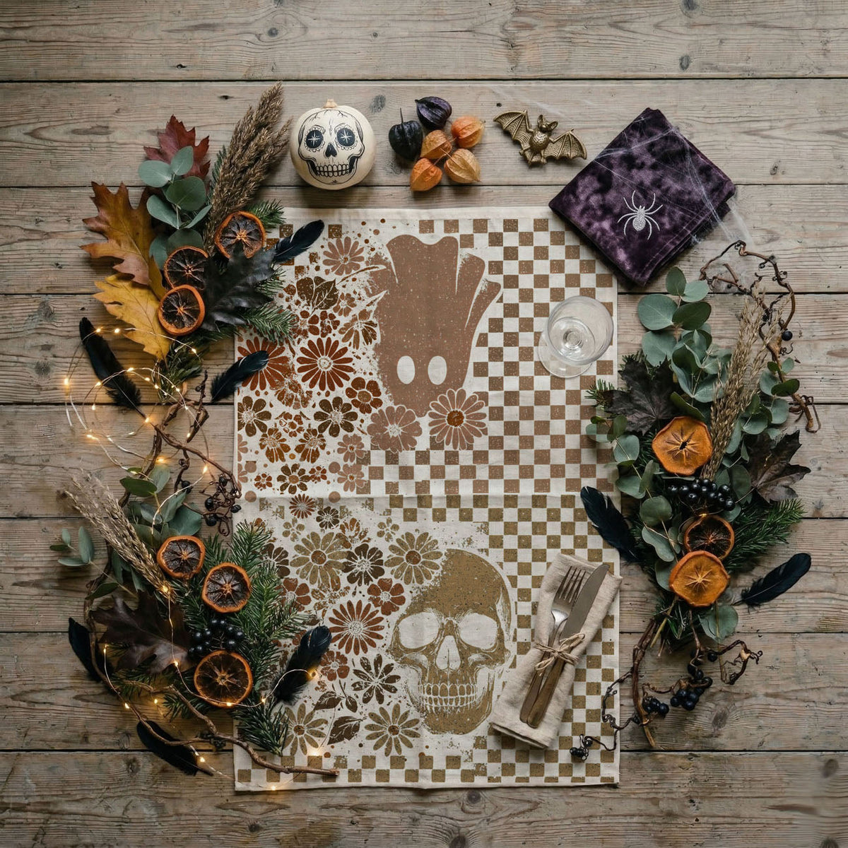 Retro Floral Ghost & Skull Halloween Kitchen Towel