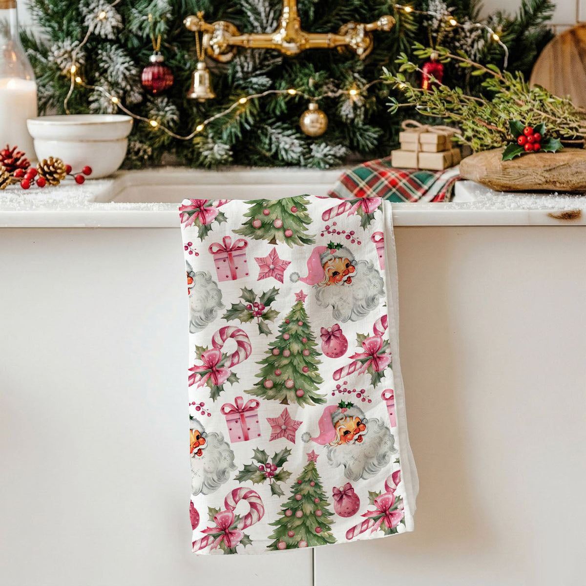 Vintage Pink Santa Christmas Kitchen Towel
