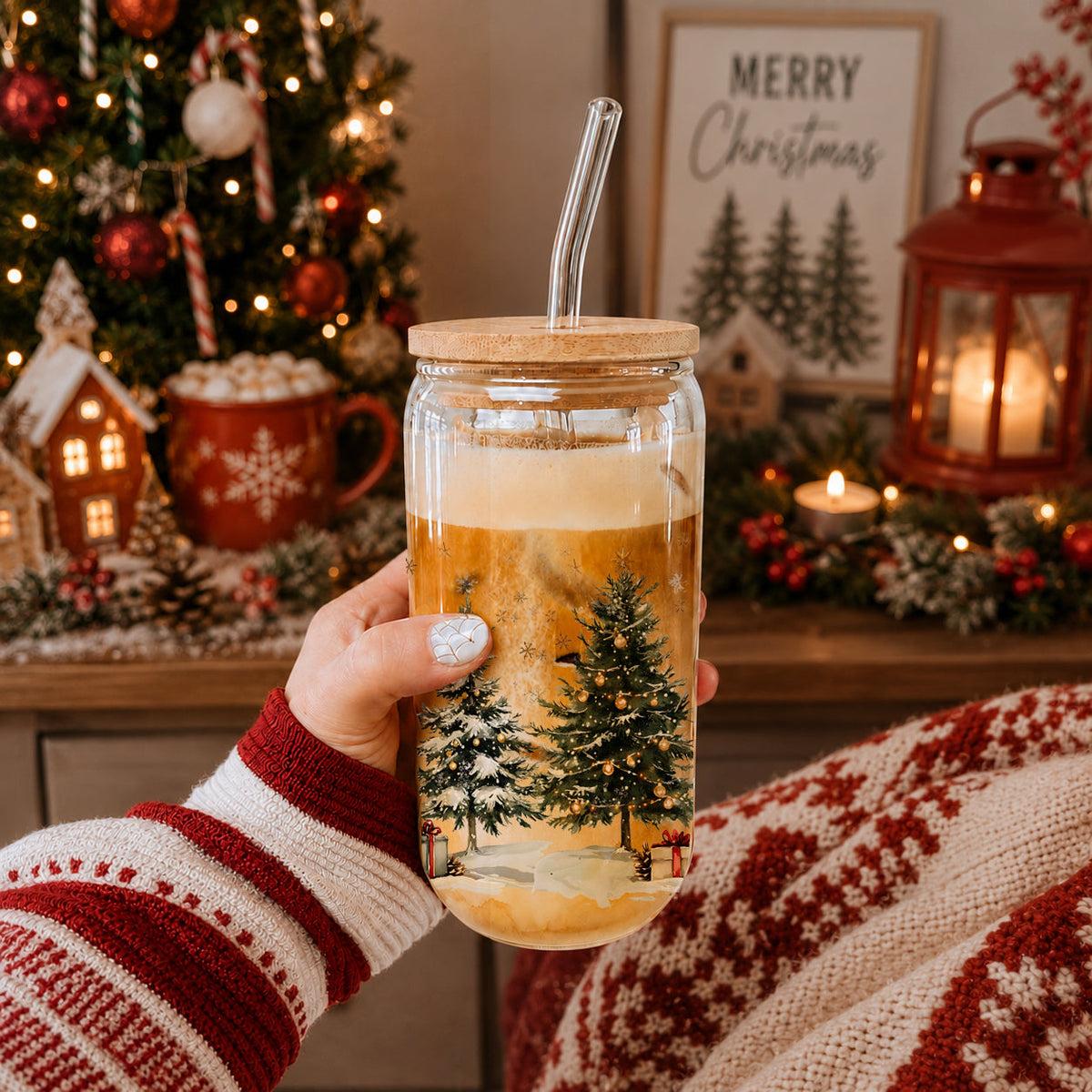 Snowy Christmas Tree & Presents 17 oz Glass Tumbler