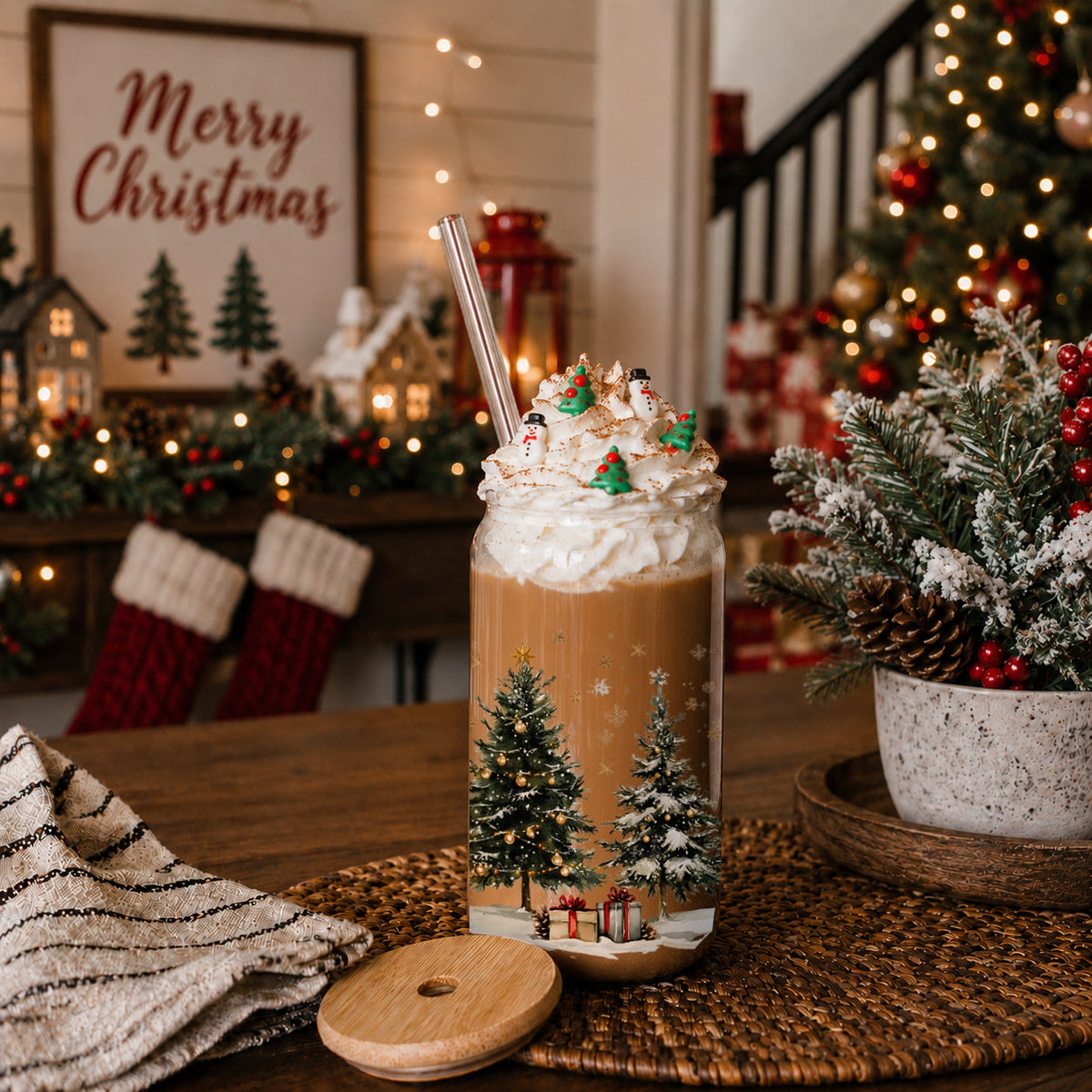 Snowy Christmas Tree & Presents 17 oz Glass Tumbler