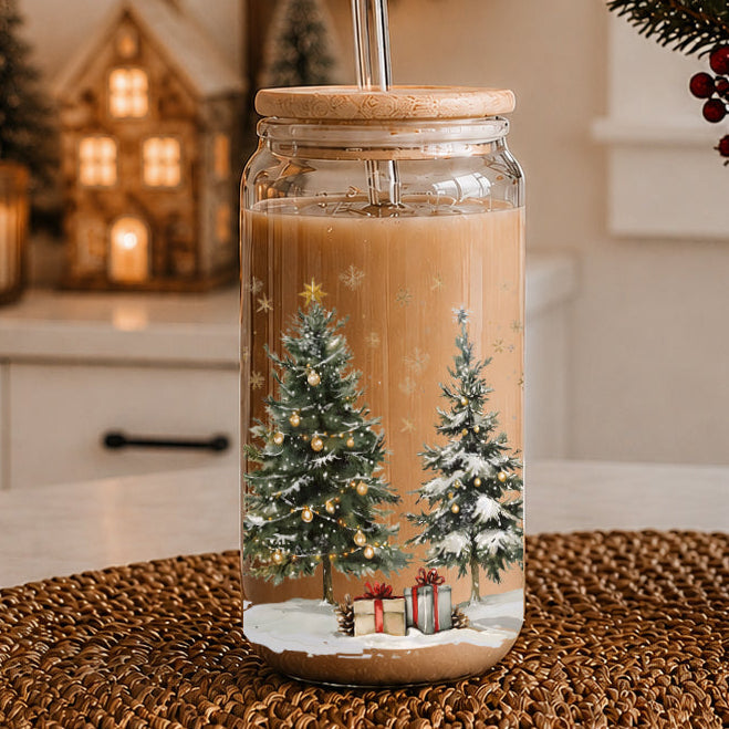 Snowy Christmas Tree & Presents 17 oz Glass Tumbler