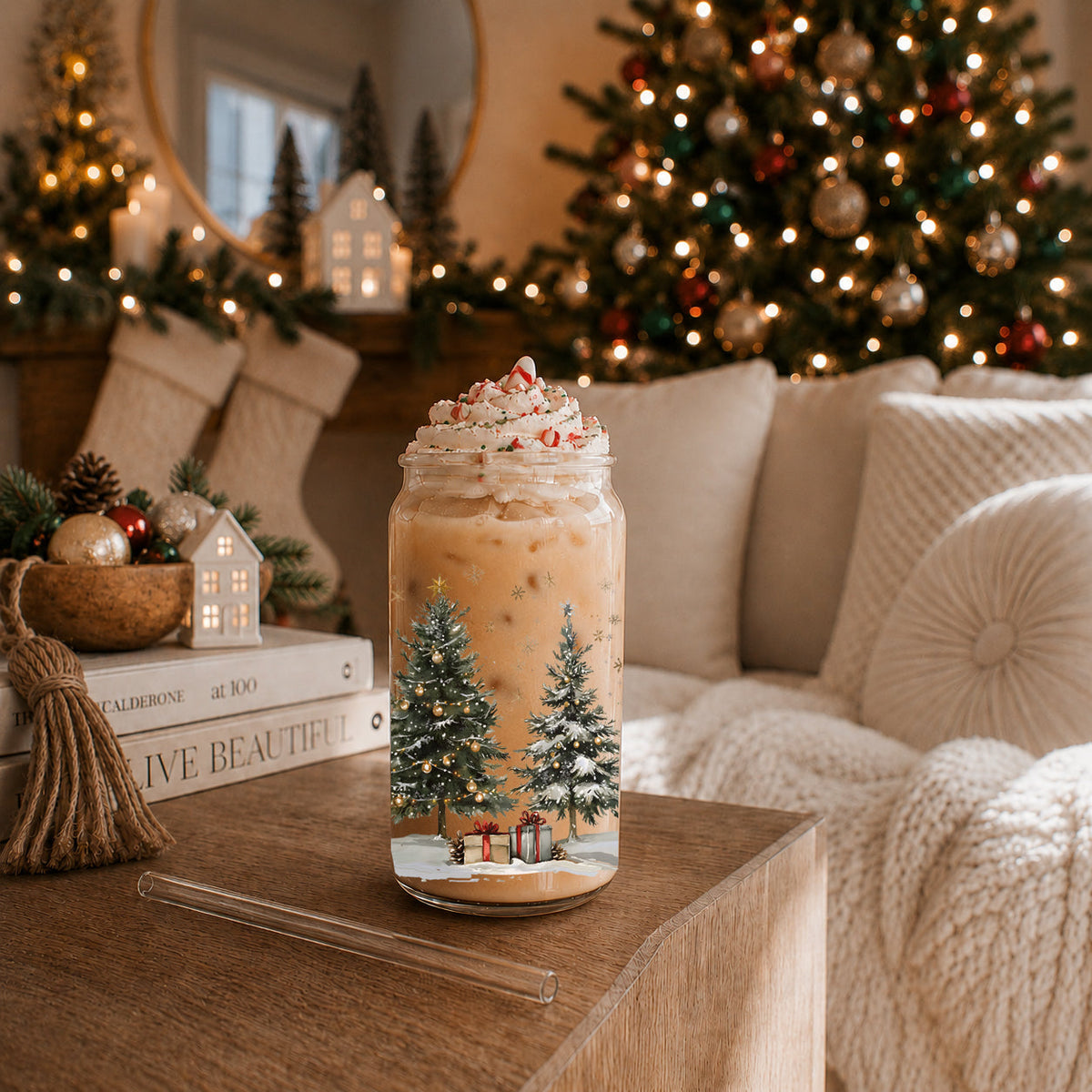 Snowy Christmas Tree & Presents 17 oz Glass Tumbler