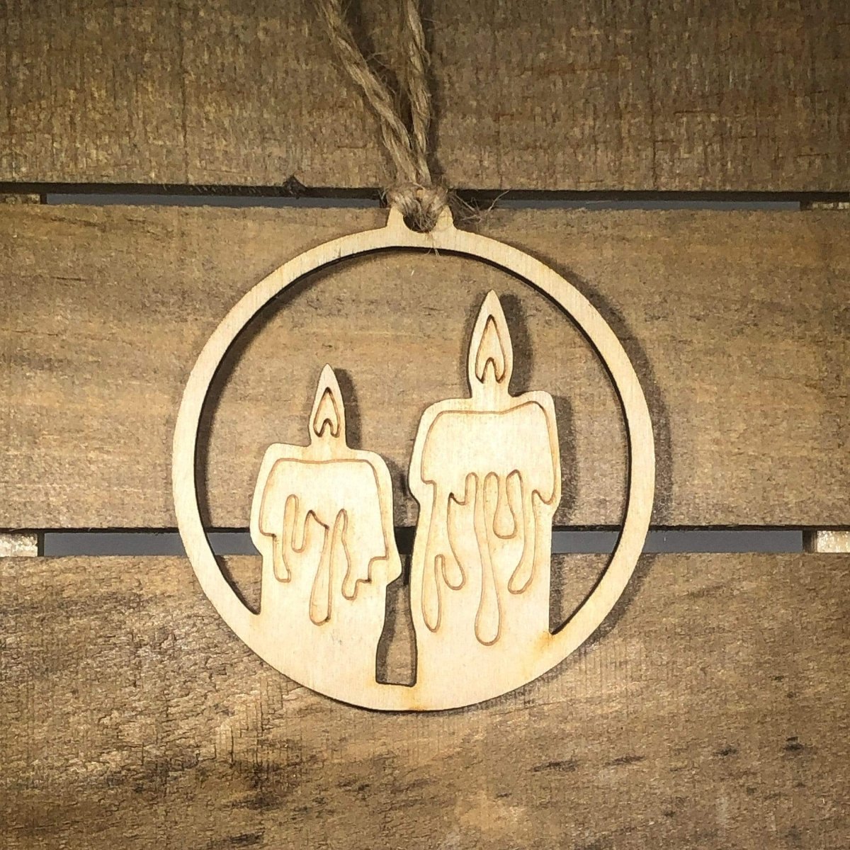 Two Candles in Circle Wooden Christmas Ornament | Elegant Holiday Decor