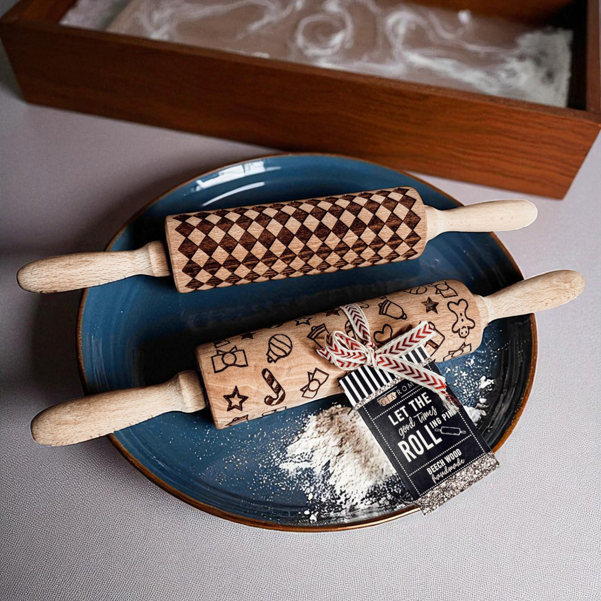 Courtly Check & Diamond Wooden Rolling Pin