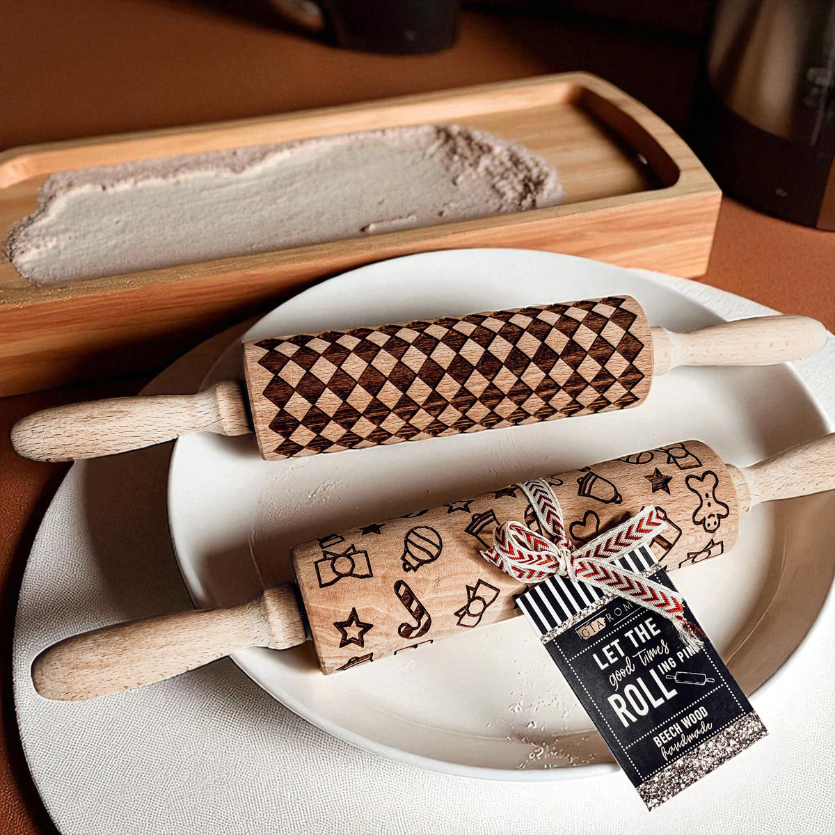 Courtly Check & Diamond Wooden Rolling Pin