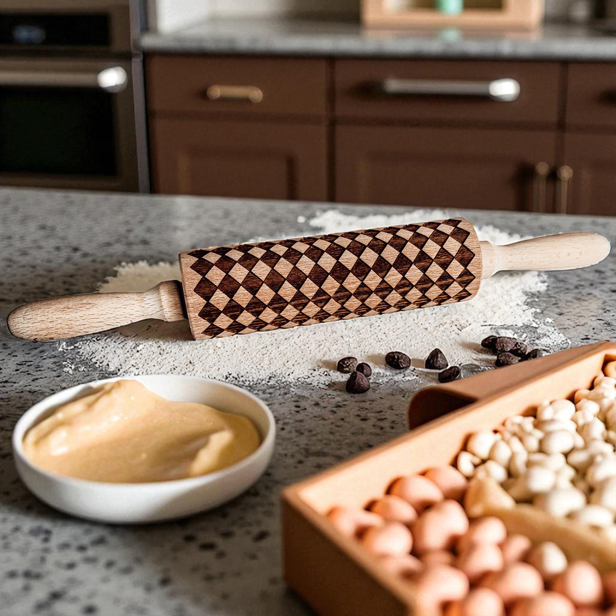 Courtly Check & Diamond Wooden Rolling Pin