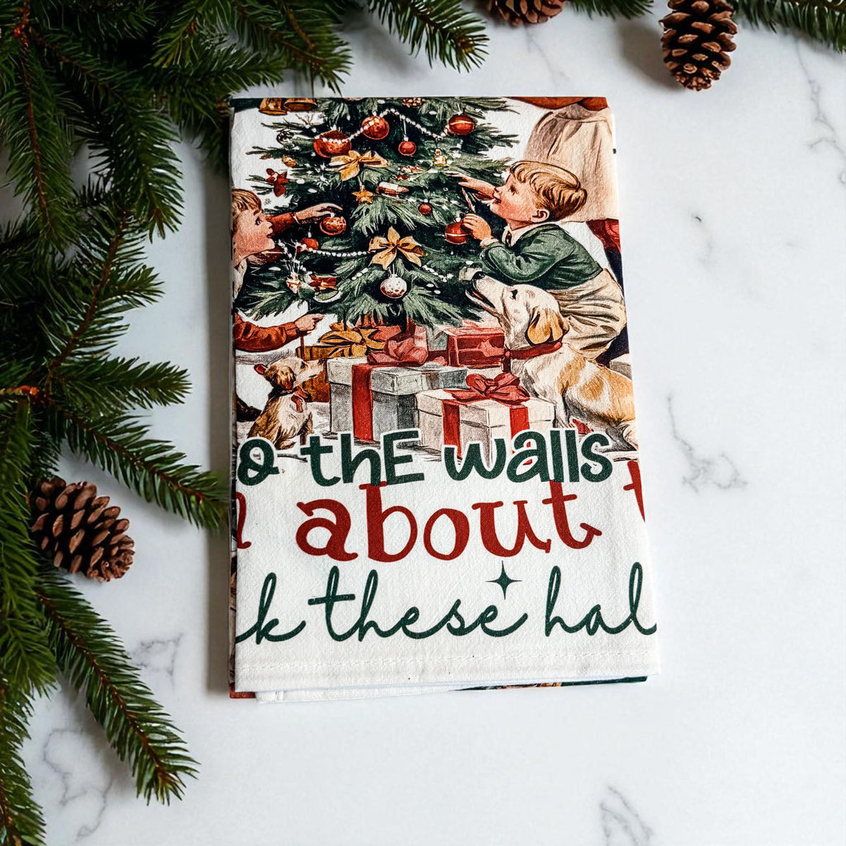 Vintage Christmas Kitchen Towel | Deck These Halls Holiday Tea Towel