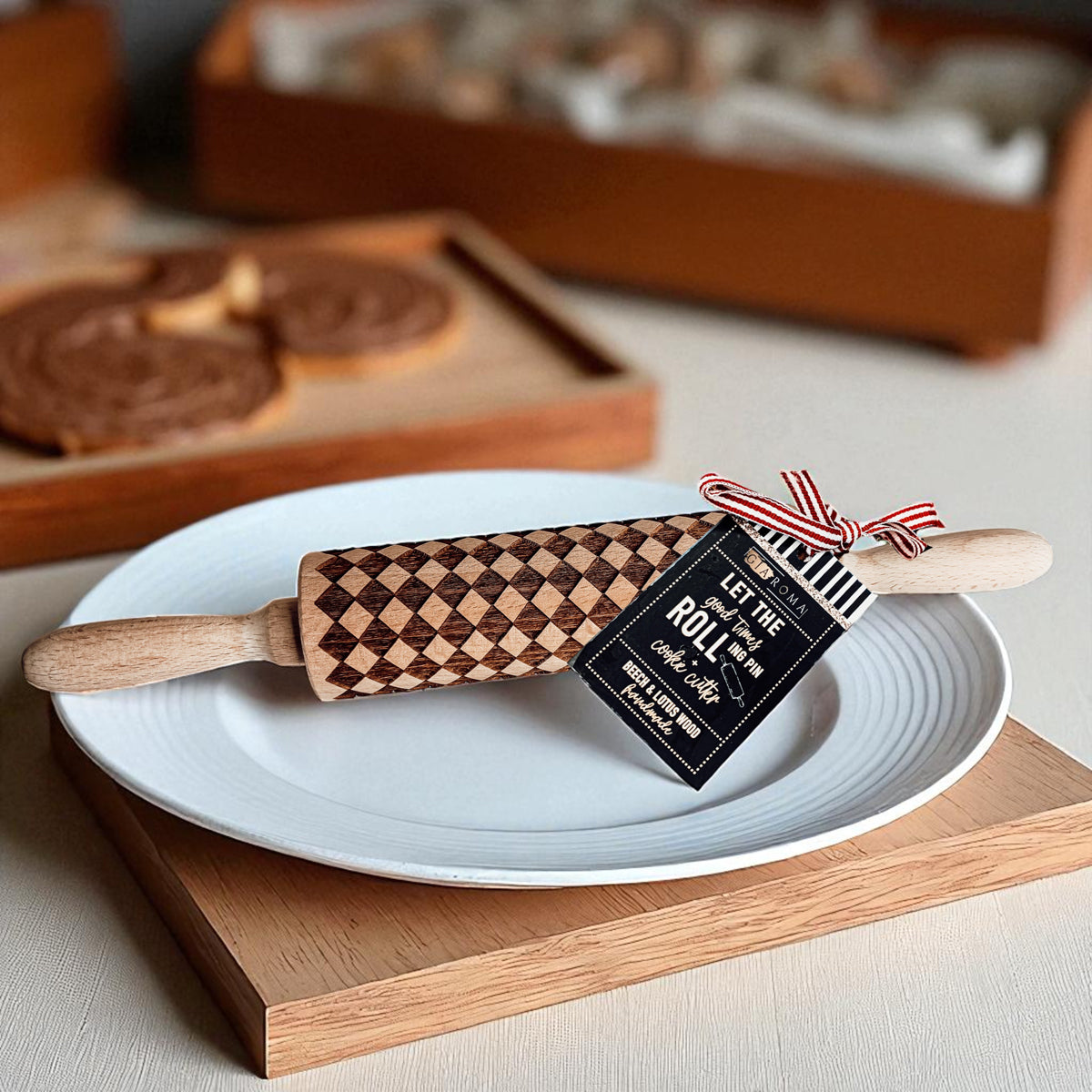 Courtly Check & Diamond Wooden Rolling Pin