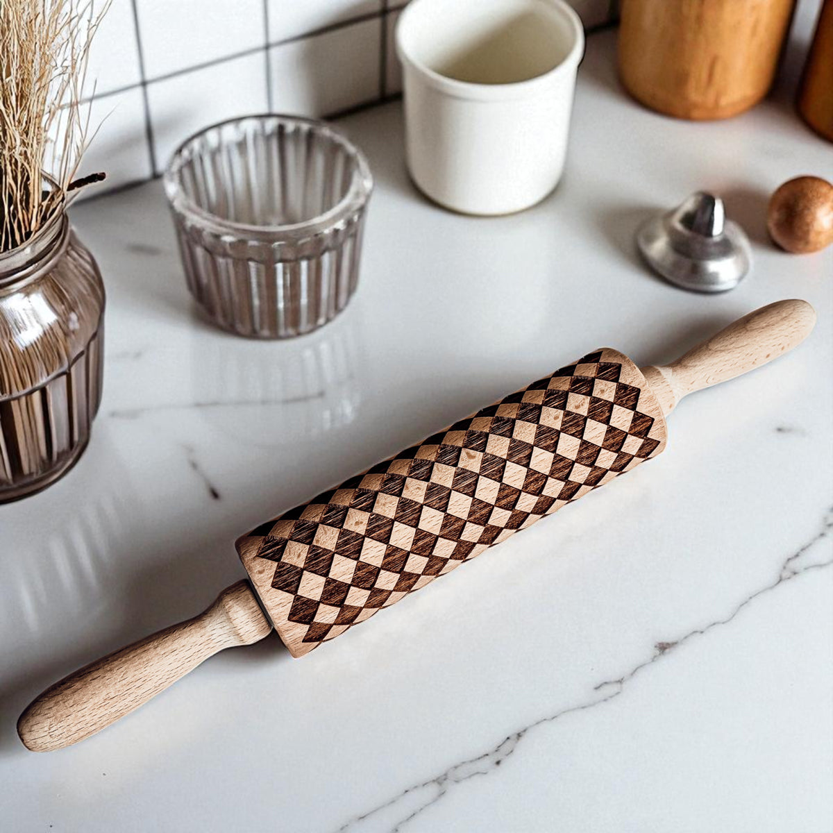 Courtly Check & Diamond Wooden Rolling Pin