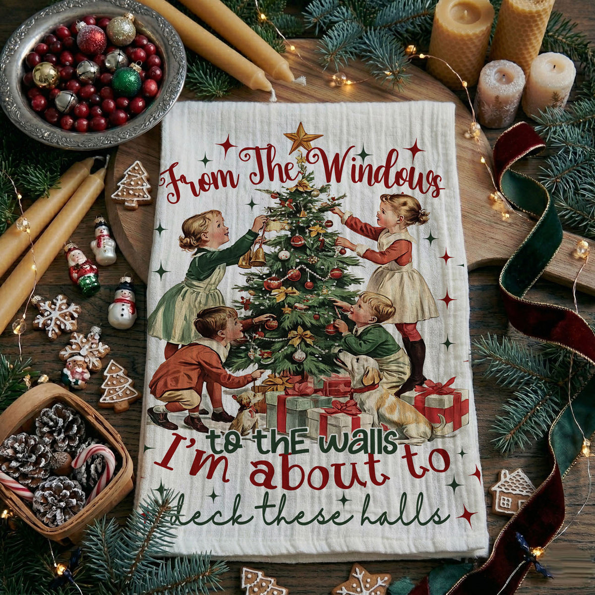 Vintage Christmas Kitchen Towel | Deck These Halls Holiday Tea Towel