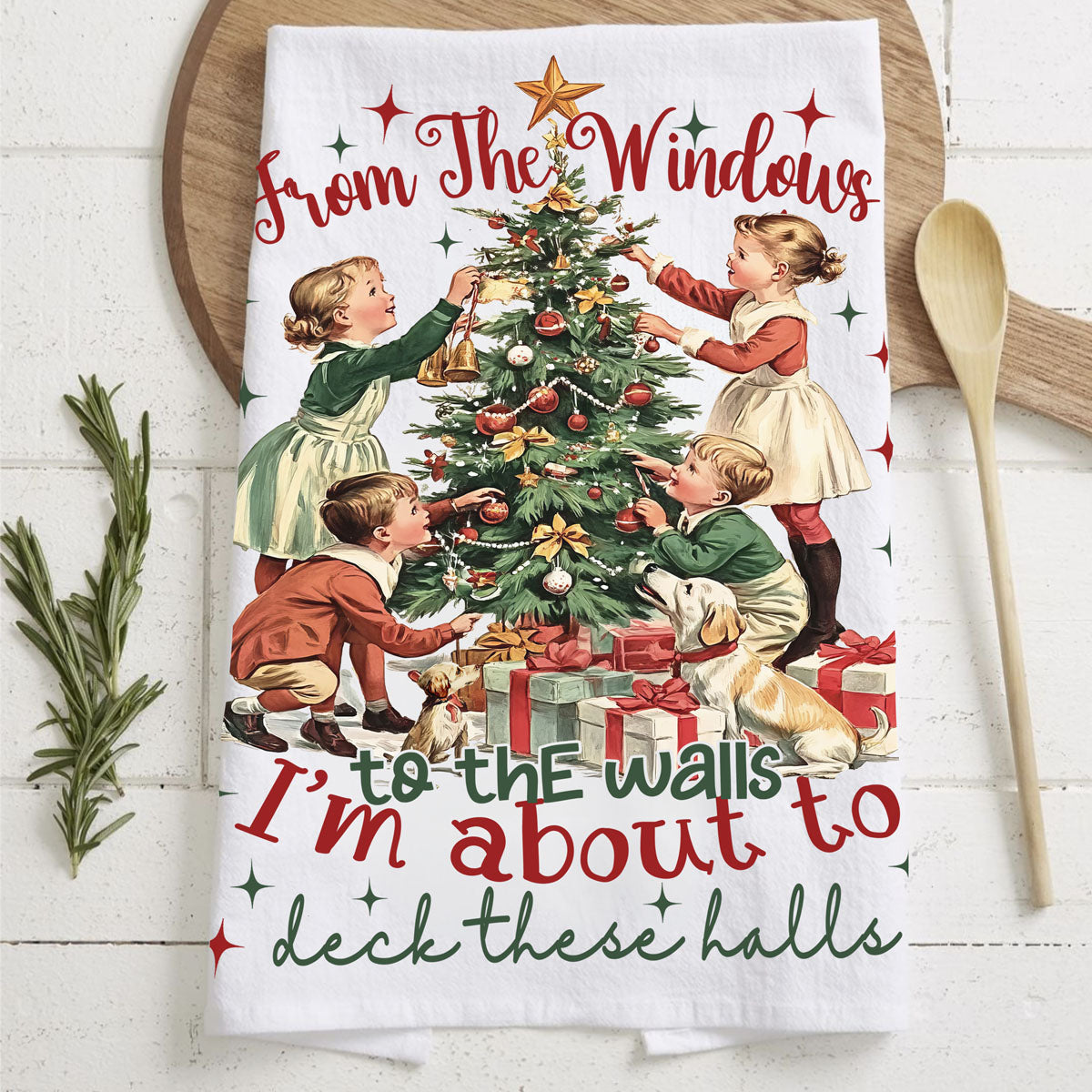 Vintage Christmas Kitchen Towel | Deck These Halls Holiday Tea Towel