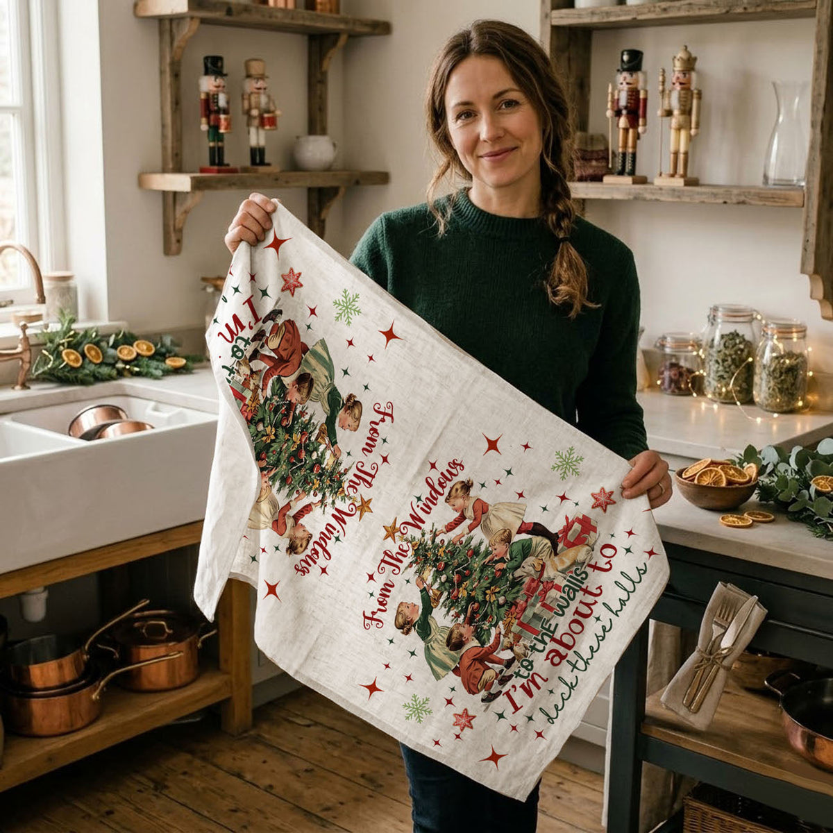 Vintage Christmas Kitchen Towel | Deck These Halls Holiday Tea Towel