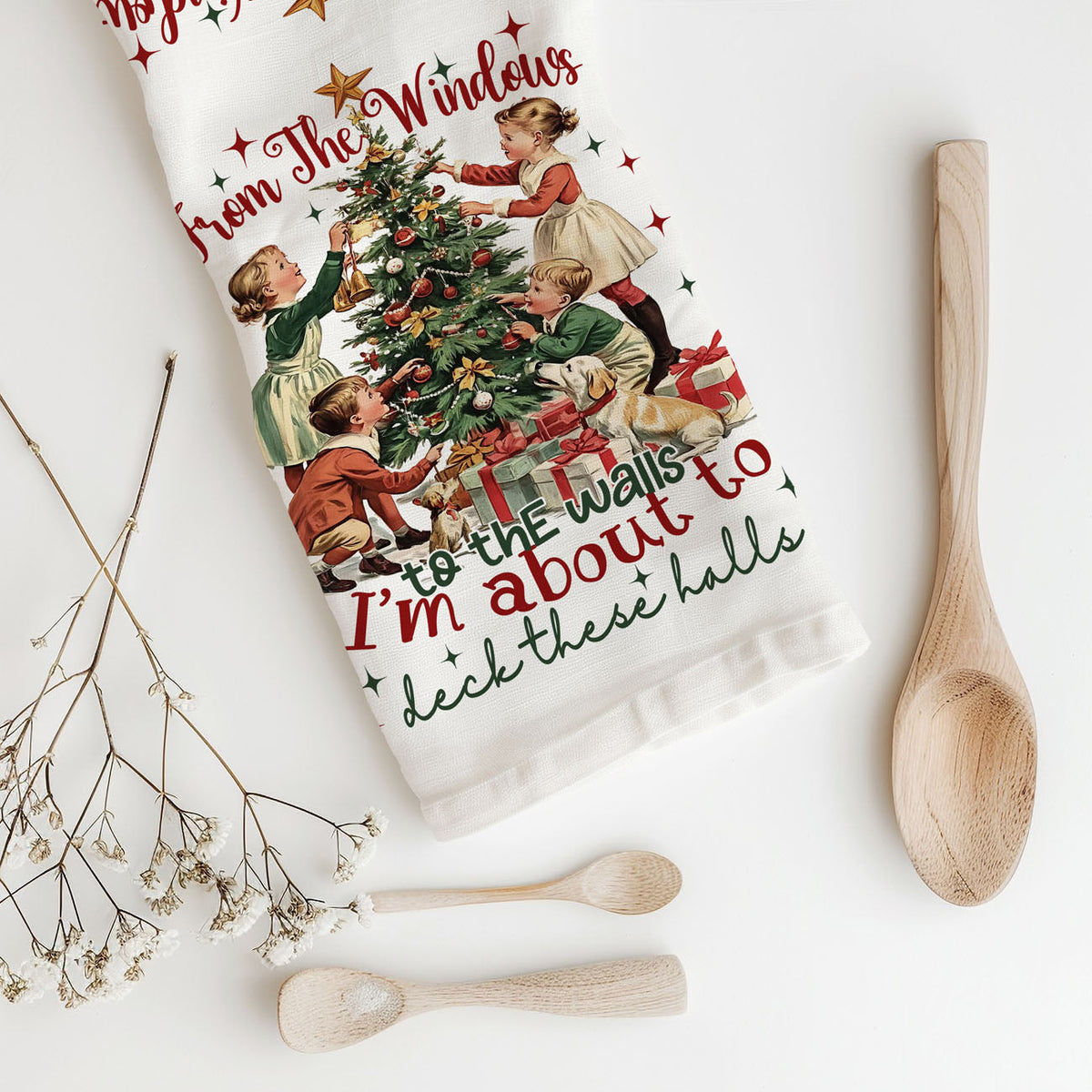 Vintage Christmas Kitchen Towel | Deck These Halls Holiday Tea Towel