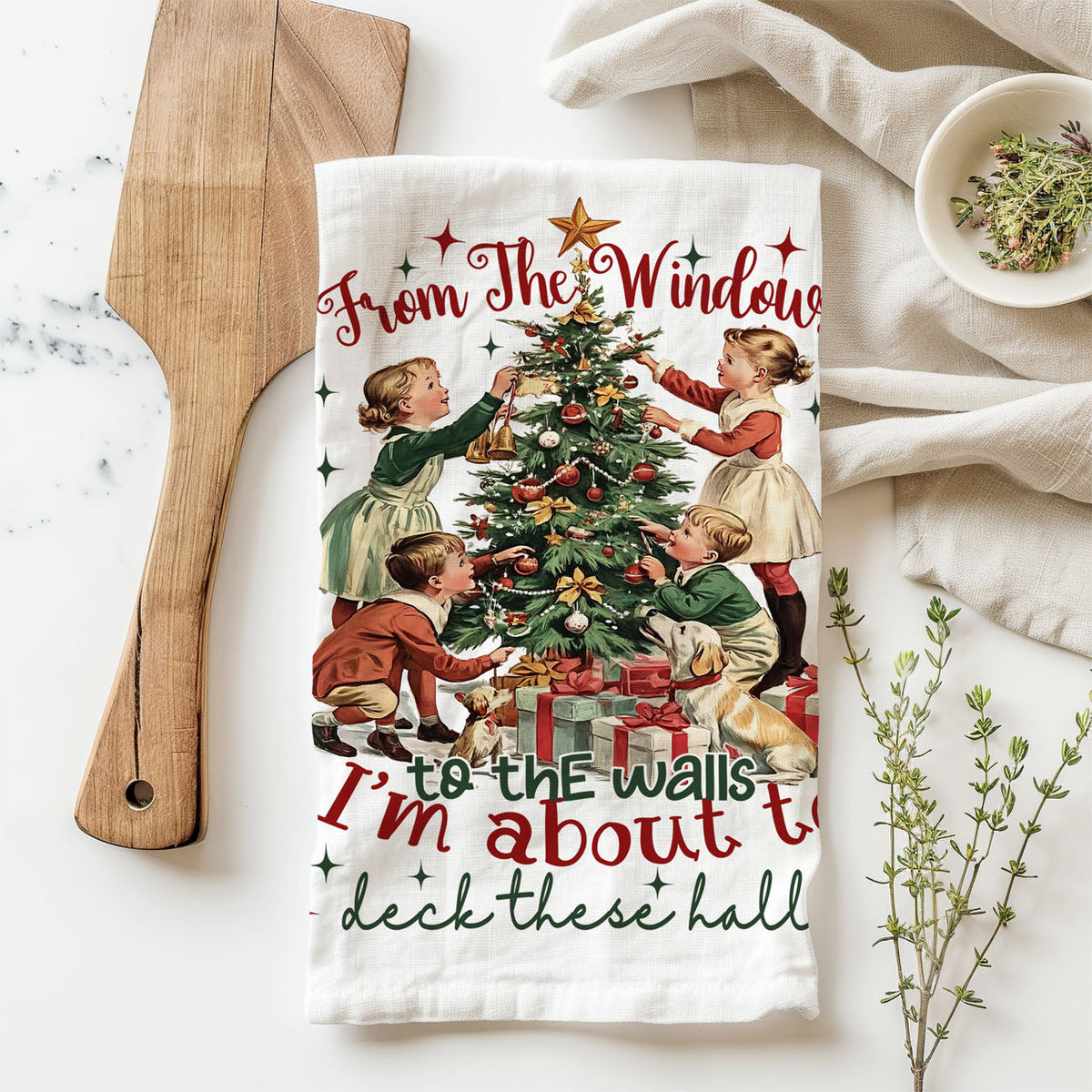 Vintage Christmas Kitchen Towel | Deck These Halls Holiday Tea Towel