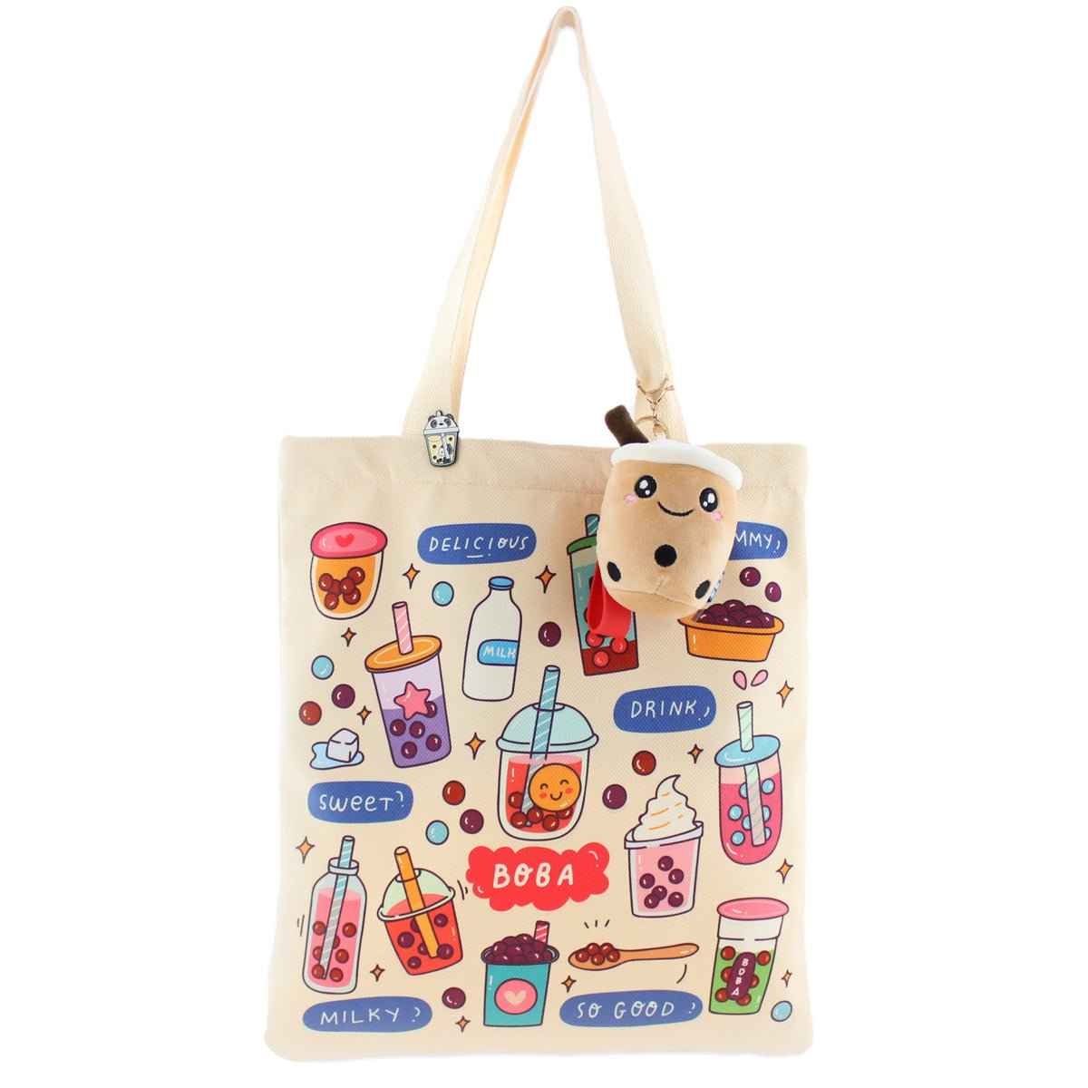 Bubble Tea Tote Bag Gift Set – Boba Bag with Keychain & Pin