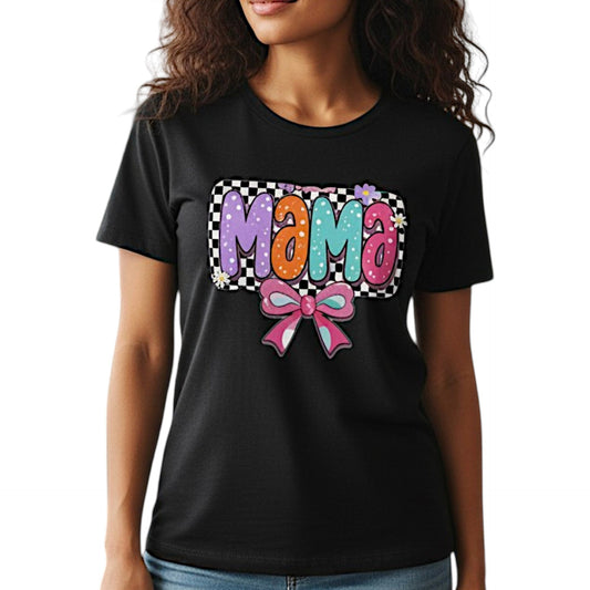 Mama T-Shirt Checkerboard Bow Graphic Tee 100% Cotton Casual Top